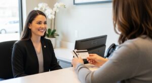 Patient consulting with staff about insurance at Lalor Dental in a modern office