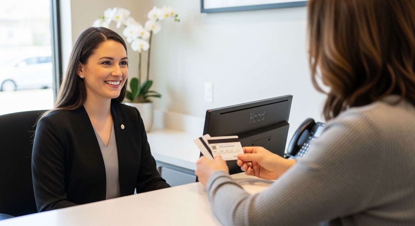 Patient consulting with staff about insurance at Lalor Dental in a modern office