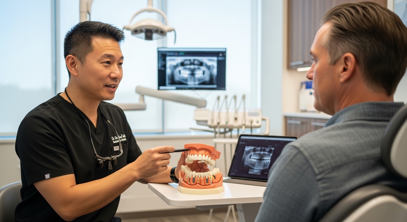 Dr. Lee discussing dental implant options with a patient in a modern dental office