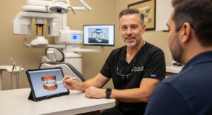 Dr. Joe Lee with a patient at Lalor Family Dental in a consultation room