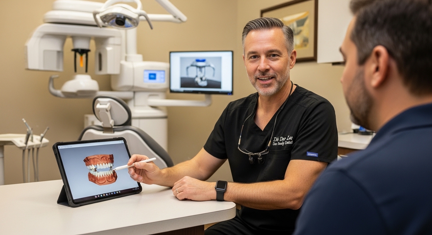Dr. Joe Lee with a patient at Lalor Family Dental in a consultation room