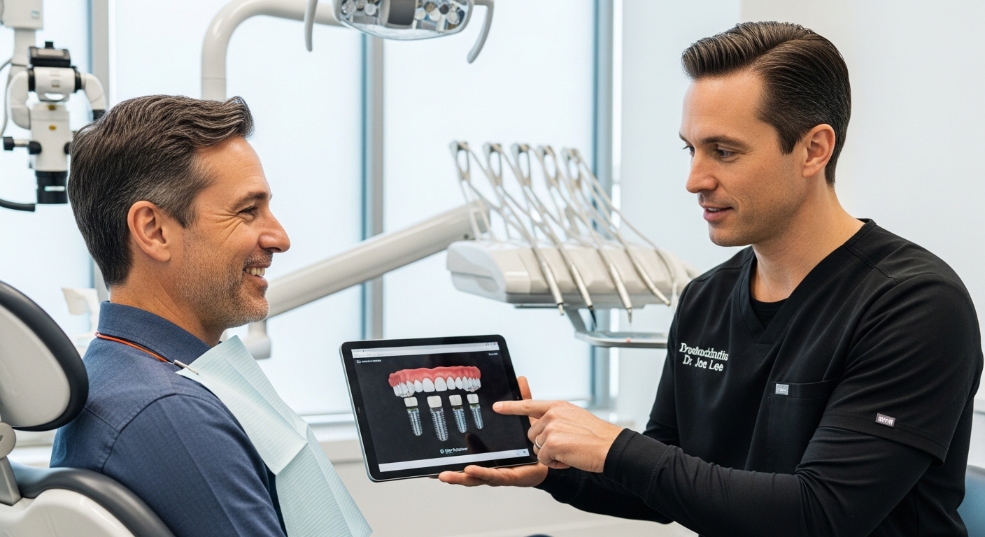 Patient discussing dental implant options with a prosthodontist in a modern clinic