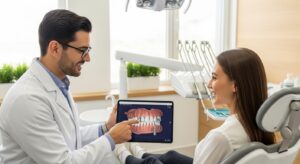 Dentist consulting patient at Lalor Implant Center with modern equipment