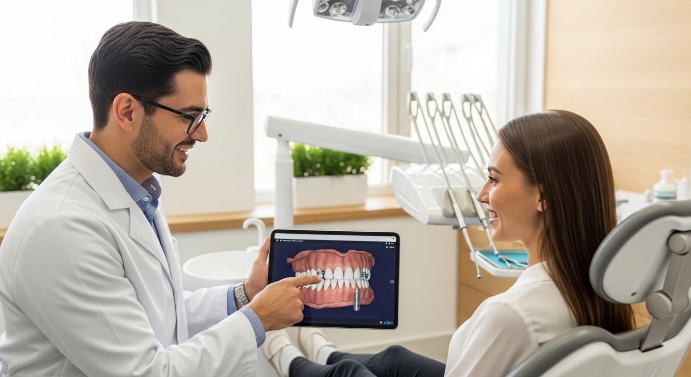 Dentist consulting patient at Lalor Implant Center with modern equipment