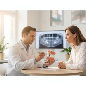 Prosthodontist consulting with patient about dental implant placement