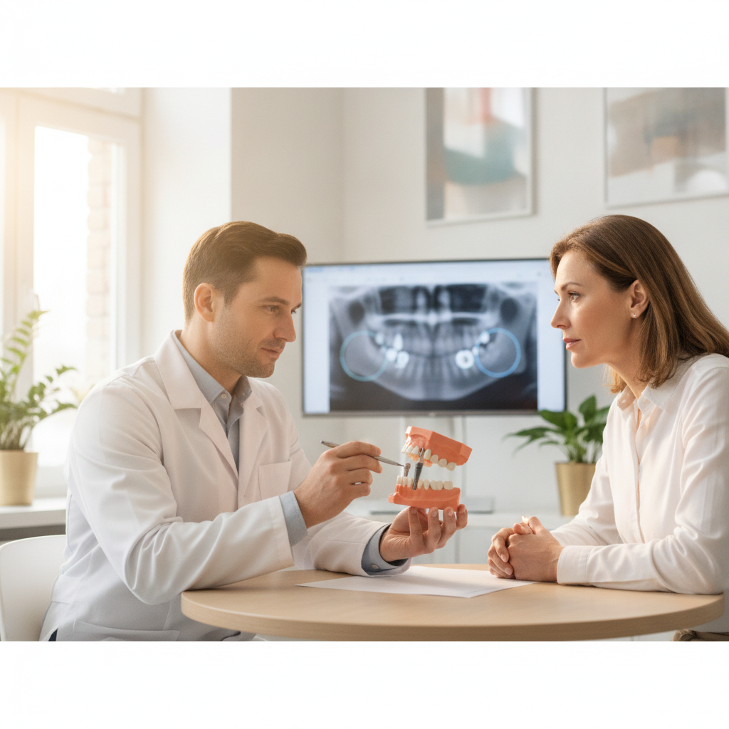Prosthodontist consulting with patient about dental implant placement