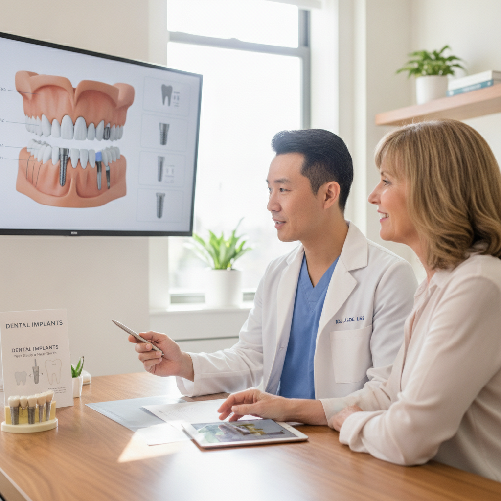 Patient discusses dental implant process with prosthodontist in a modern setting