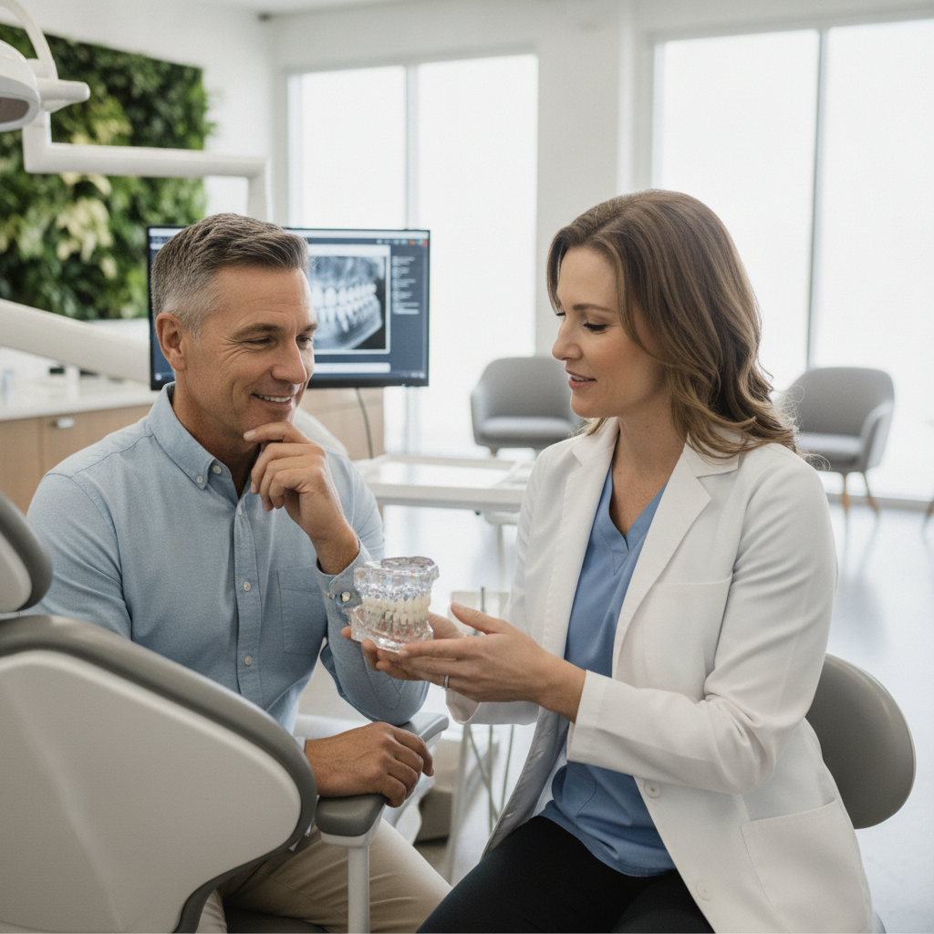 Patient consulting with dentist about dental implants at Lalor Implant Center.