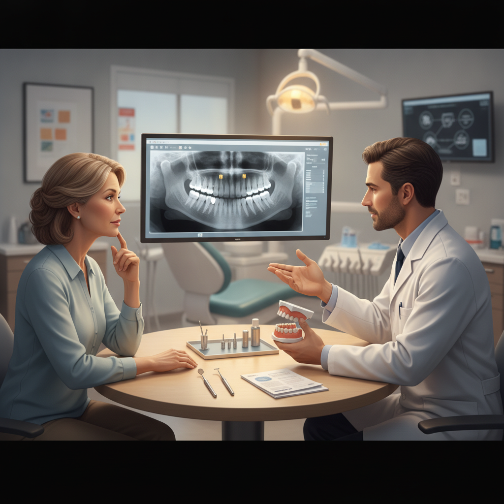 Patient discussing dental implant options with a prosthodontist.